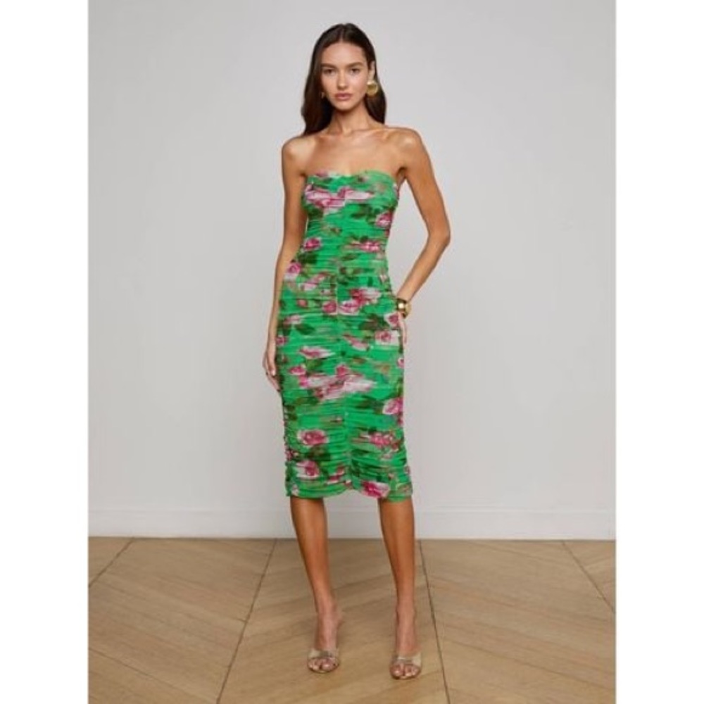 L'AGENCE caprice  Green and Pink Floral Midi Dress